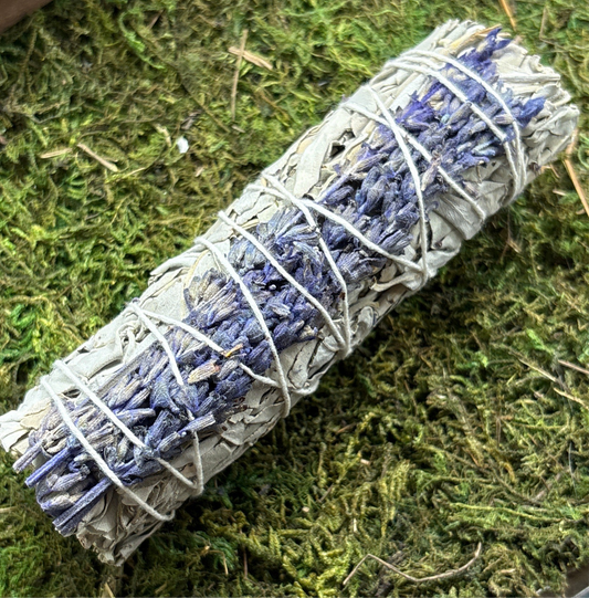 White Sage and Lavender 6-inch bundle for cleansing and relaxation on moss background