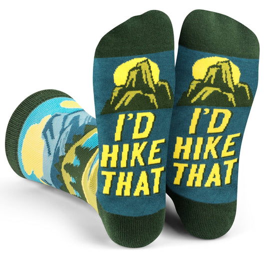 Novelty "I'd Hike That" socks with mountain design, cotton-nylon blend for comfort and durability, perfect for hiking enthusiasts