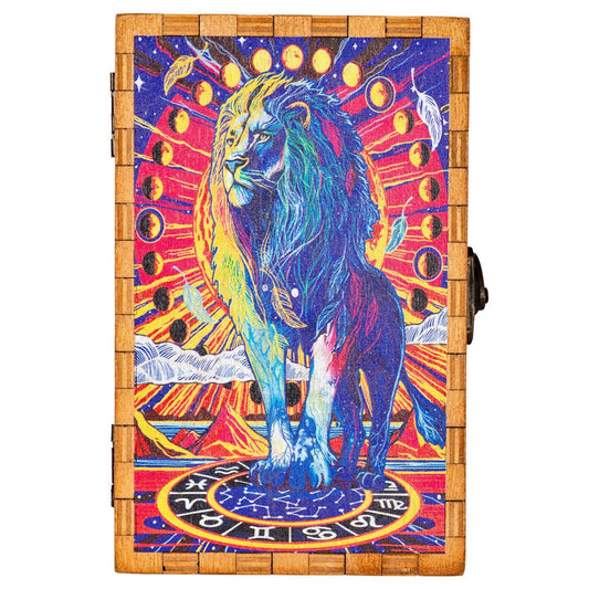 Celestial Lion wooden tarot card box with vibrant lion artwork and astrological symbols on a light brown wooden case