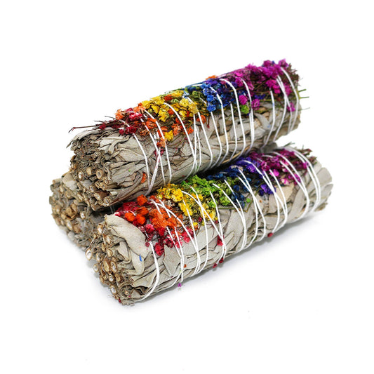 Energy Wheel floral white sage smudge sticks with rainbow baby's breath flowers, 4 inches organic cleansing bundle