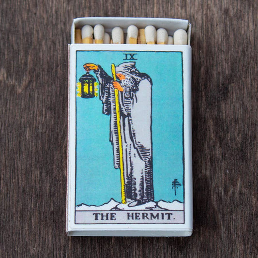 Tarot Matchbox featuring The Hermit card with 20-23 matches for candle and incense lighting