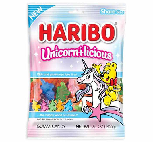 Haribo Unicorn-i-licious gummy candy 5oz bag with colorful unicorn-shaped gummies and Haribo bear logo