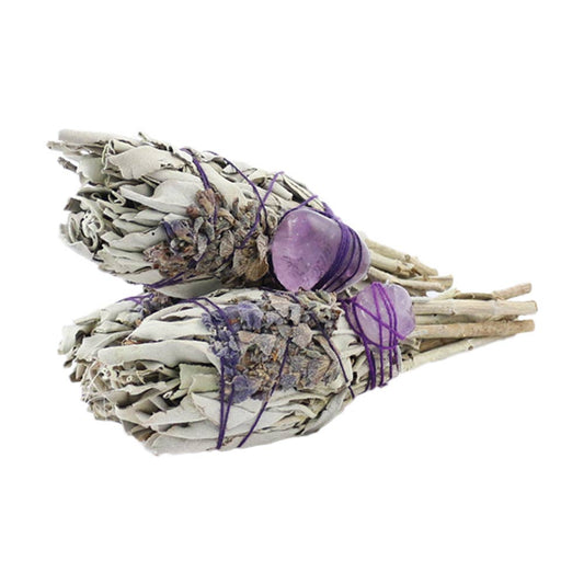 Two 4-inch white sage torches wrapped with lavender and amethyst crystals for cleansing and meditation