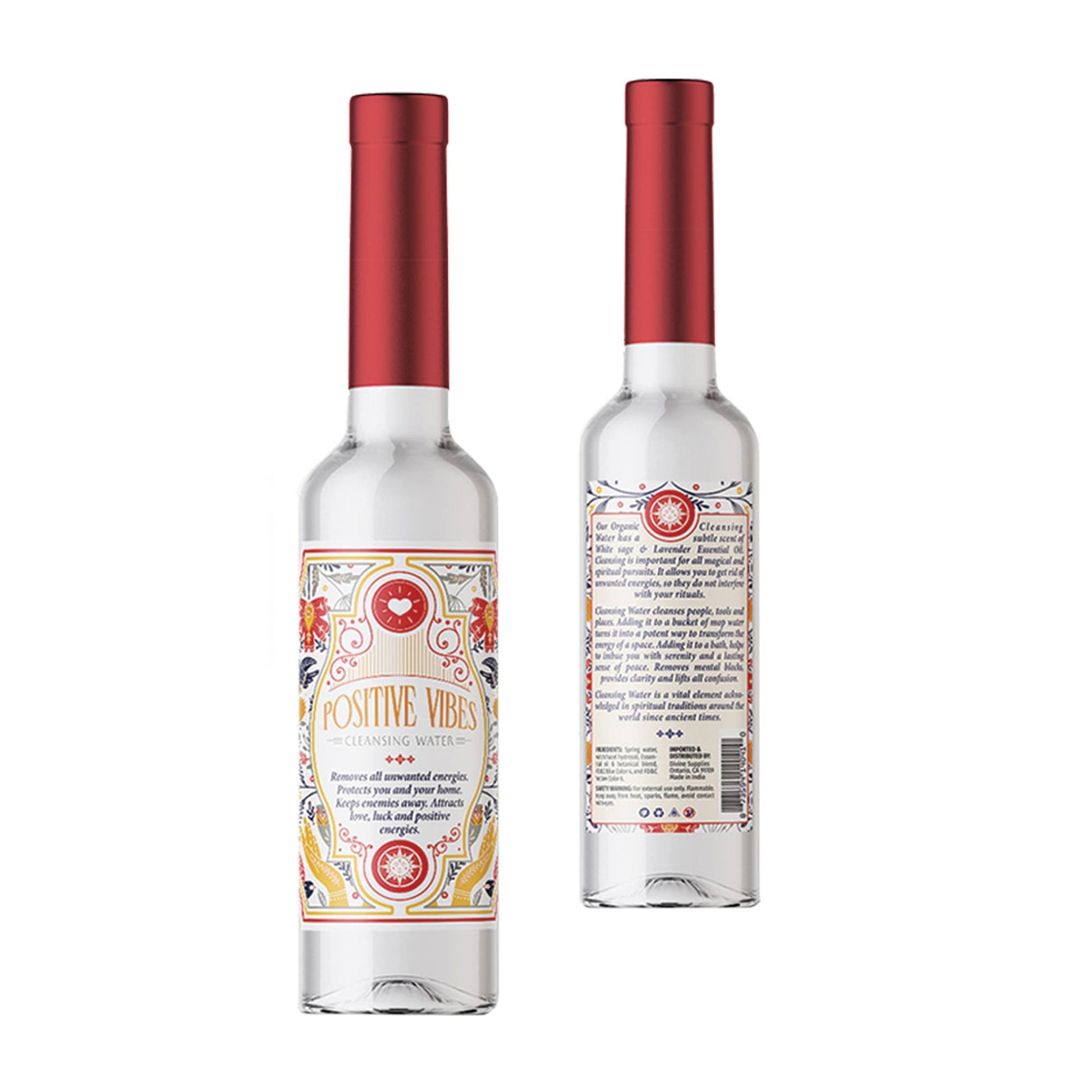 7.5 oz Positive Vibes Spiritual Cleansing Water in clear plastic bottle with red cap, front and back labels visible