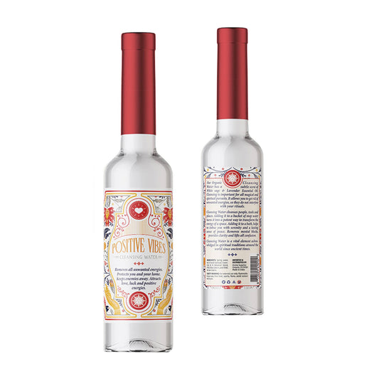 7.5 oz Positive Vibes Spiritual Cleansing Water in clear plastic bottle with red cap, front and back labels visible