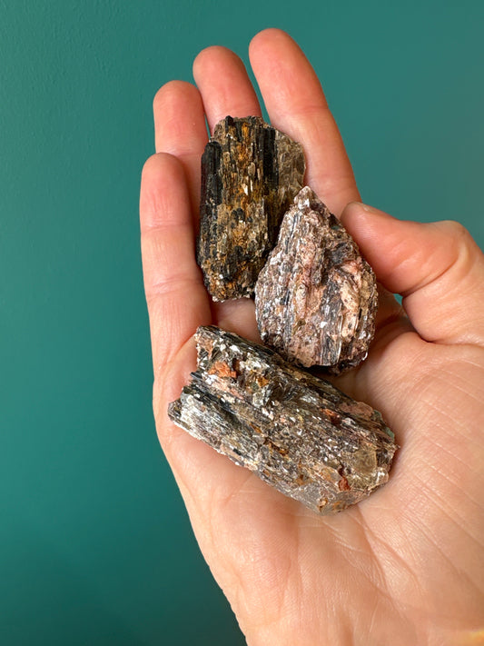 Hand holding raw black tourmaline and mica stones against teal background