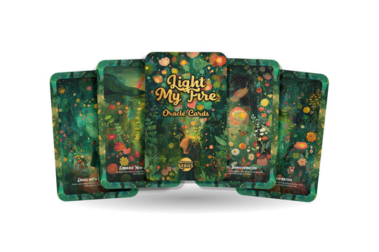 Light My Fire Oracle Cards deck with vibrant spiritual and nature-inspired illustrations in a printed envelope box, 24 mindfulness cards sized 14x9 cm