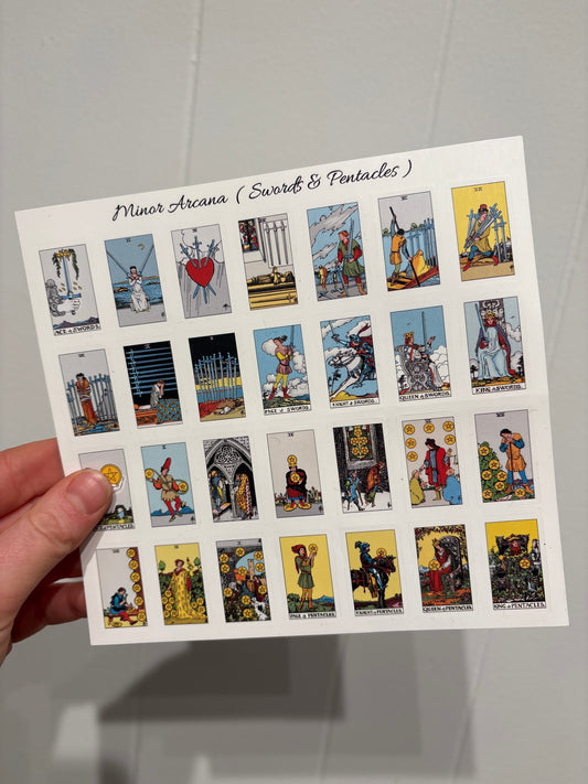Tarot sticker pack sheet featuring Minor Arcana cards of Swords and Pentacles held by hand
