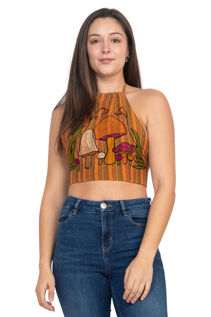 Mushroom Embroidery Halter Top - Loose Silhouette