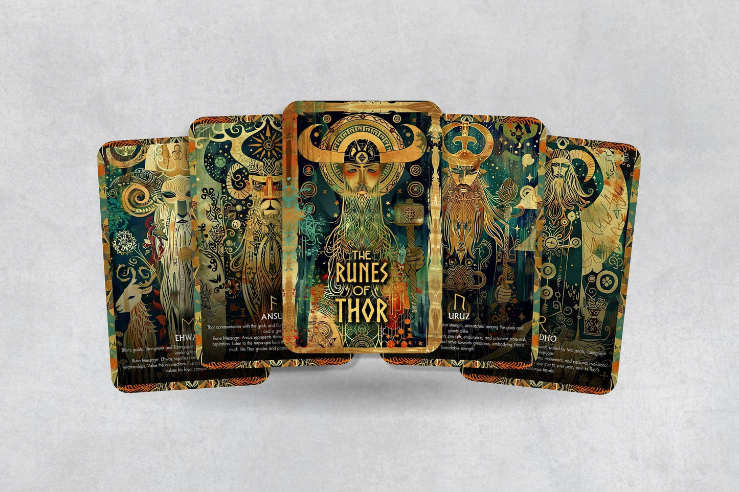 The Runes of Thor oracle deck featuring 26 mythological rune cards with Norse god Thor illustrations for divination and fortune telling