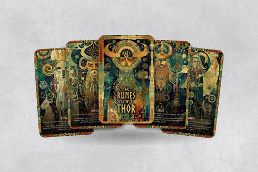 The Runes of Thor oracle deck featuring 26 mythological rune cards with Norse god Thor illustrations for divination and fortune telling