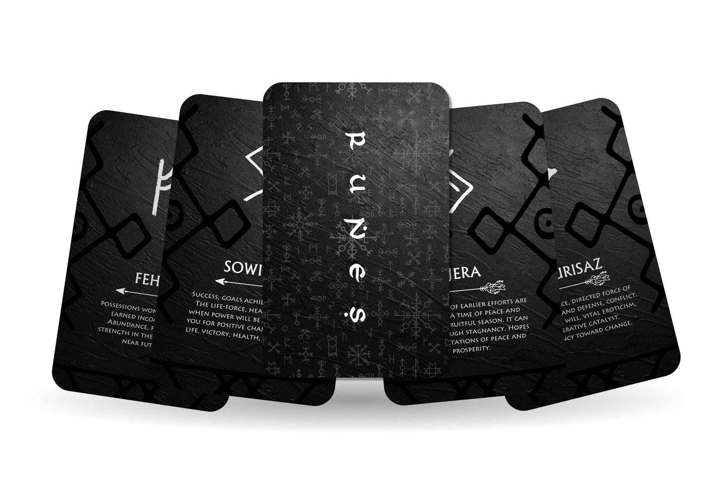 Runes Oracle Nordic cards set with 24 black rune-symbol printed cards on 350 gram paper in an envelope box