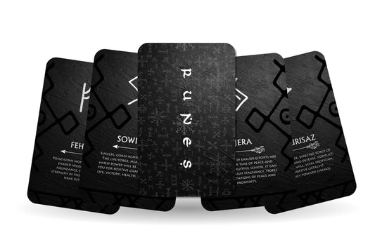 Runes Oracle Nordic cards set with 24 black rune-symbol printed cards on 350 gram paper in an envelope box