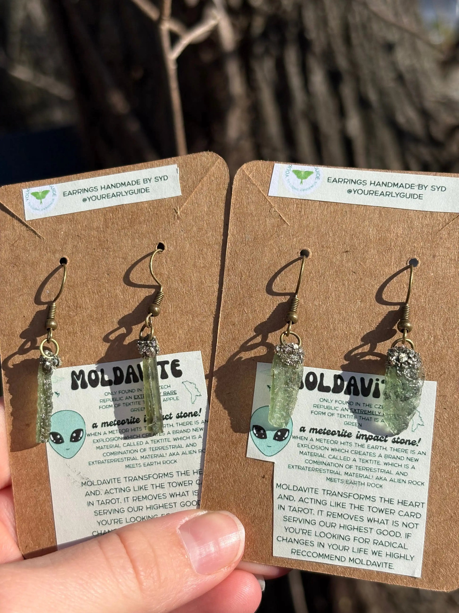 Moldavite and Pyrite earrings featuring green Moldavite and metallic Pyrite stones for spiritual transformation and grounding