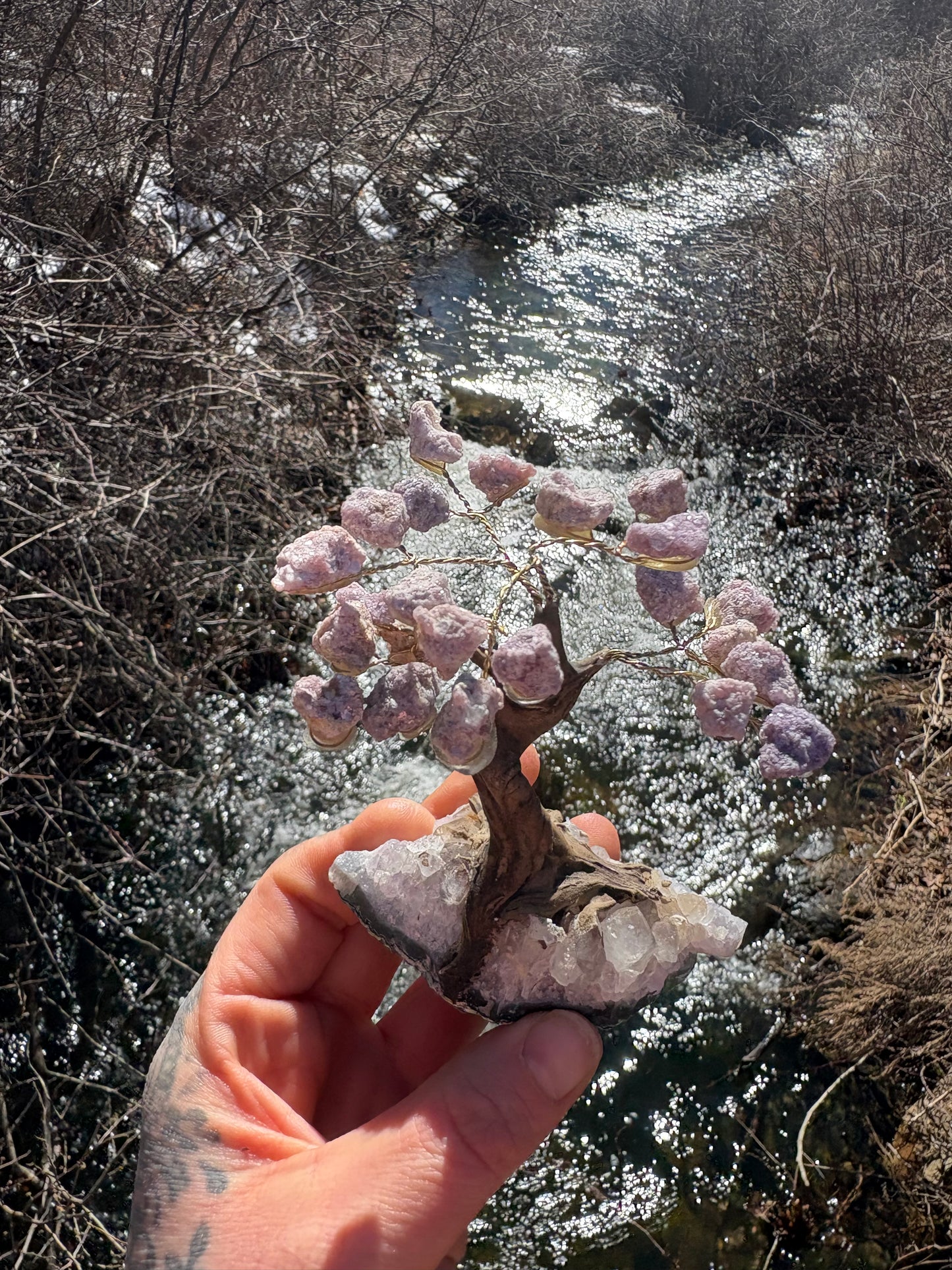 Lepidolite Wire Wrapped Crystal Tree on Amethyst