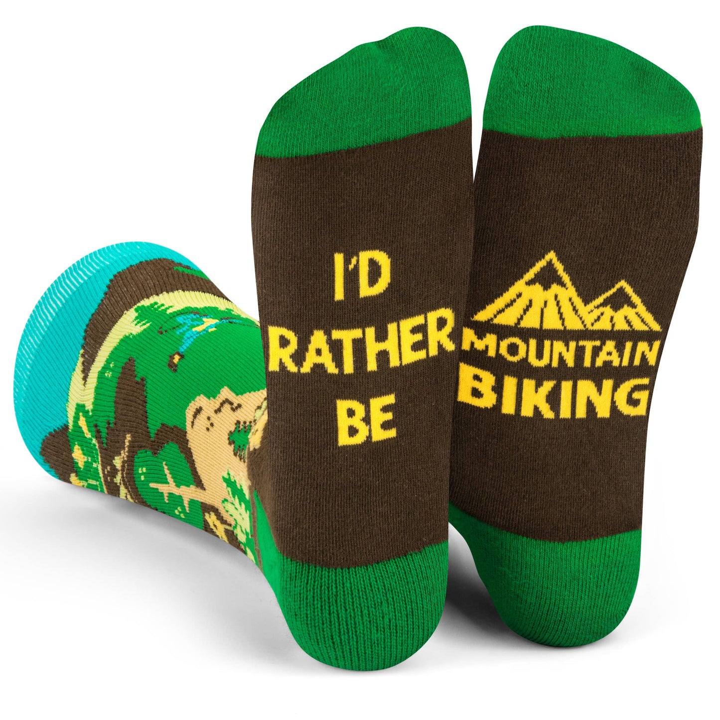 Green and brown mountain biking socks with "I'd Rather Be Mountain Biking" text and trail biking design, one size fits most