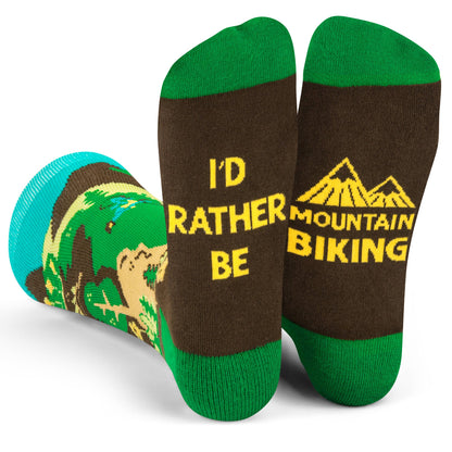 Green and brown mountain biking socks with "I'd Rather Be Mountain Biking" text and trail biking design, one size fits most