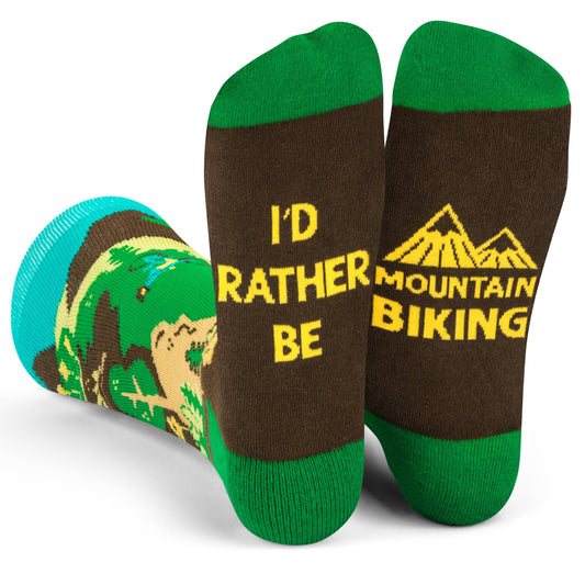 Green and brown mountain biking socks with "I'd Rather Be Mountain Biking" text and trail biking design, one size fits most