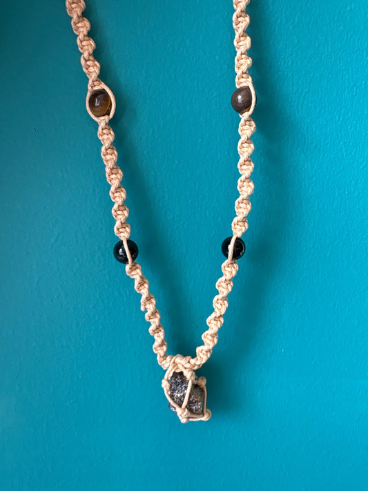 Tigers eye crystal cord necklace with macrame design for grounding and mental clarity by Harmonia