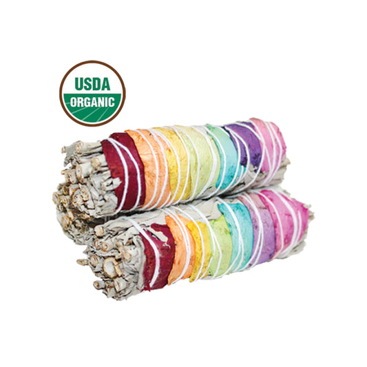 Organic 7 Chakras Floral White Sage smudge sticks with rainbow rose petals for purification and cleansing
