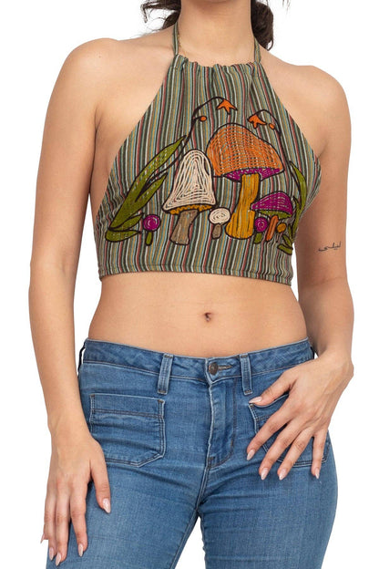 Mushroom Embroidery Halter Top - Loose Silhouette