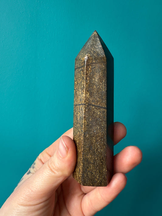 Hand holding a polished bronzite tower crystal against a teal background