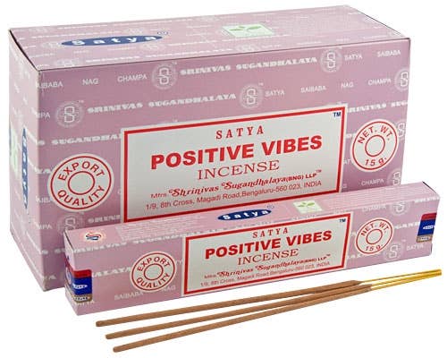 Satya Positive Vibes Nag Champa incense sticks box with hand-rolled bamboo sticks for meditation and relaxation, made in India