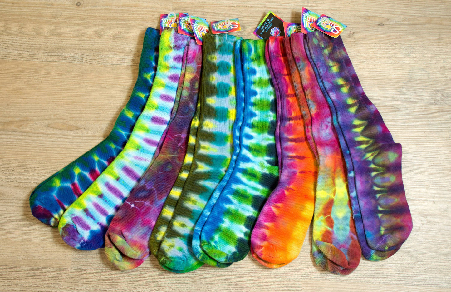 Colorful hand-dyed tie-dye dancing socks in assorted stripe patterns, cotton blend size 11-13, festival essential