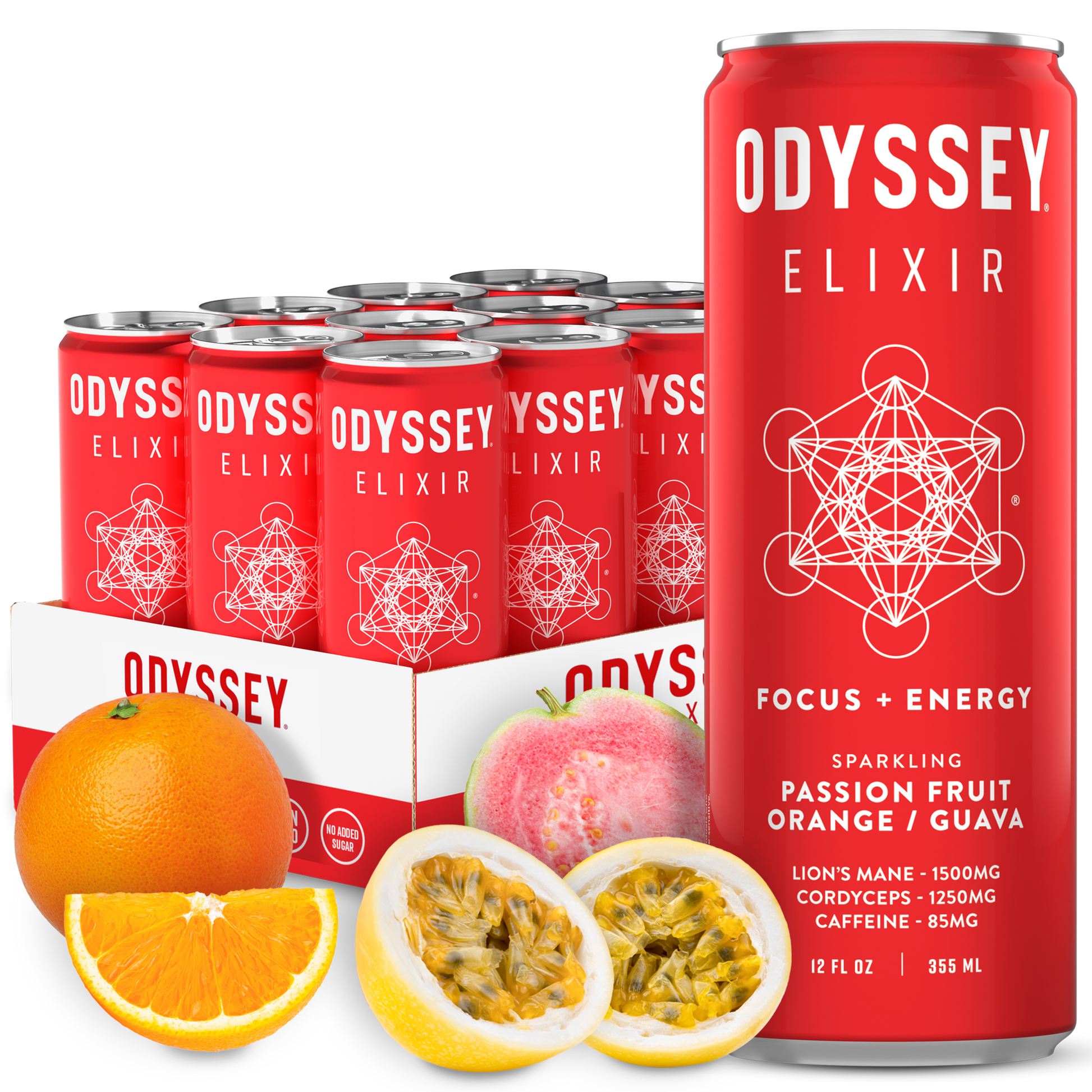 Passion Fruit Orange Guava 85mg Sparkling Mushroom Energy drink can with tropical fruit illustrations and a 12-pack carton, featuring Lion’s Mane, Cordyceps, and caffeine for focus and vitality