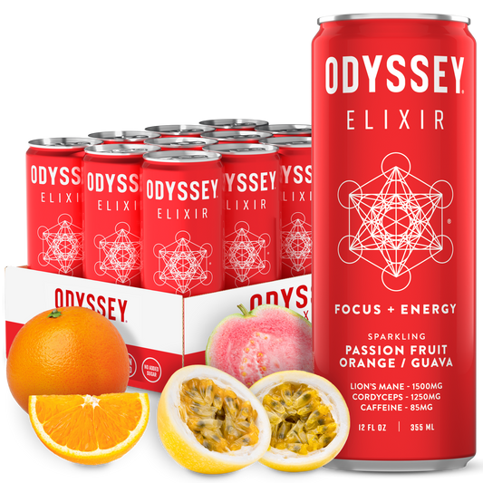 Passion Fruit Orange Guava 85mg Sparkling Mushroom Energy drink can with tropical fruit illustrations and a 12-pack carton, featuring Lion’s Mane, Cordyceps, and caffeine for focus and vitality