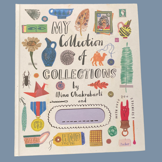 Cover of "My Collection of Collections" book with colorful illustrations of various collectible items and handwritten title text
