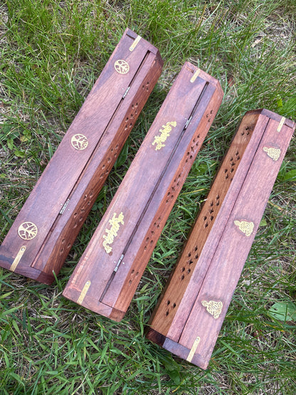 Wooden Coffin Incense Burner with Hidden Storage Compartment