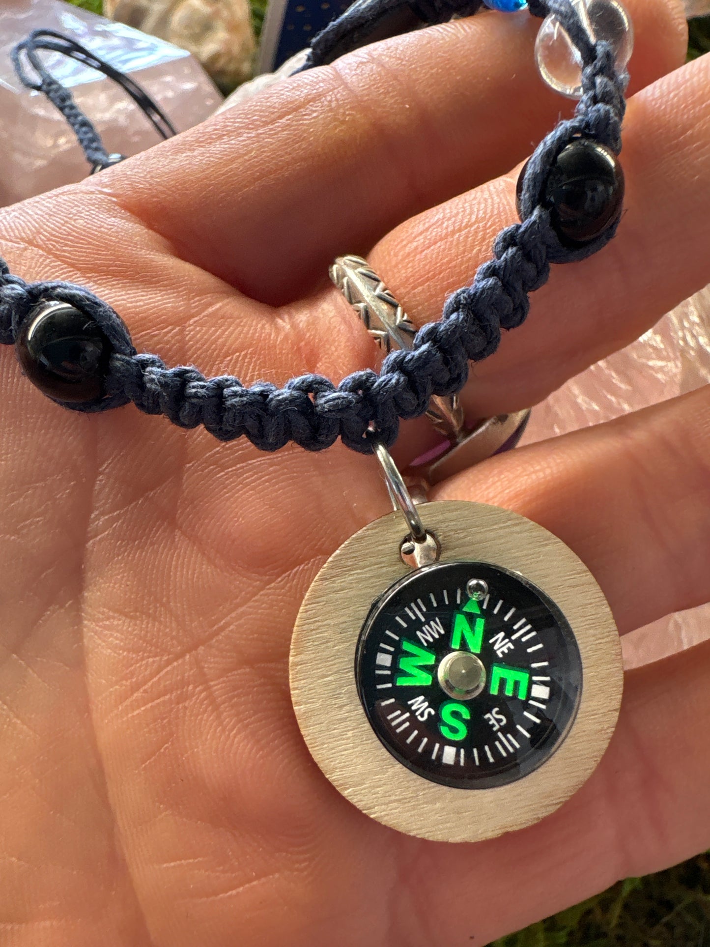 Appalachian Trail Macrame Necklace with crystal beads and Compas