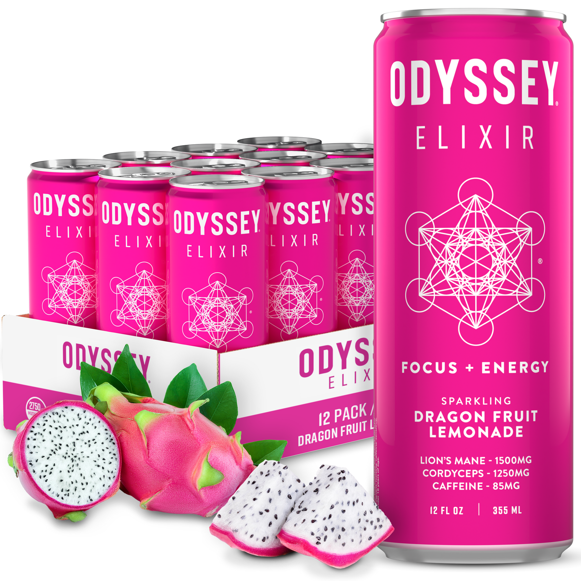 Dragon Fruit Lemonade 85mg Sparkling Mushroom Energy drink can with dragon fruit and 12-pack carton, infused with Lion's Mane, Cordyceps, and caffeine for focus and energy