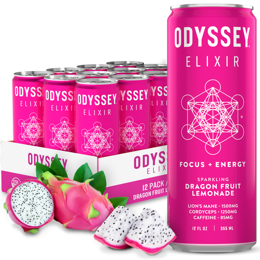 Dragon Fruit Lemonade 85mg Sparkling Mushroom Energy drink can with dragon fruit and 12-pack carton, infused with Lion's Mane, Cordyceps, and caffeine for focus and energy