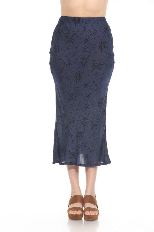 Navy celestial bias cut skirt with stars and moons print, midi length, elastic waist, breathable viscose fabric