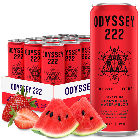 Strawberry Watermelon 222mg Sparkling Mushroom Energy can with fresh strawberries and watermelon slices, featuring Lion's Mane and Cordyceps mushrooms.