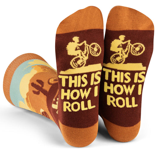 Crew-length brown and orange mountain biking socks with "This Is How I Roll" text and biker graphic, unisex fit Roll (Mountain Biking) Socks
