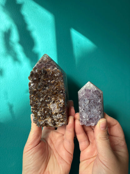 Amethyst Druzy Polished Tower with violet hues and sparkling crystal center for meditation and energy balance