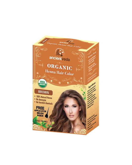 Organic Brown Henna (150 gms) hair color box with natural ingredients and free applicator brush featuring a woman with brown hair
