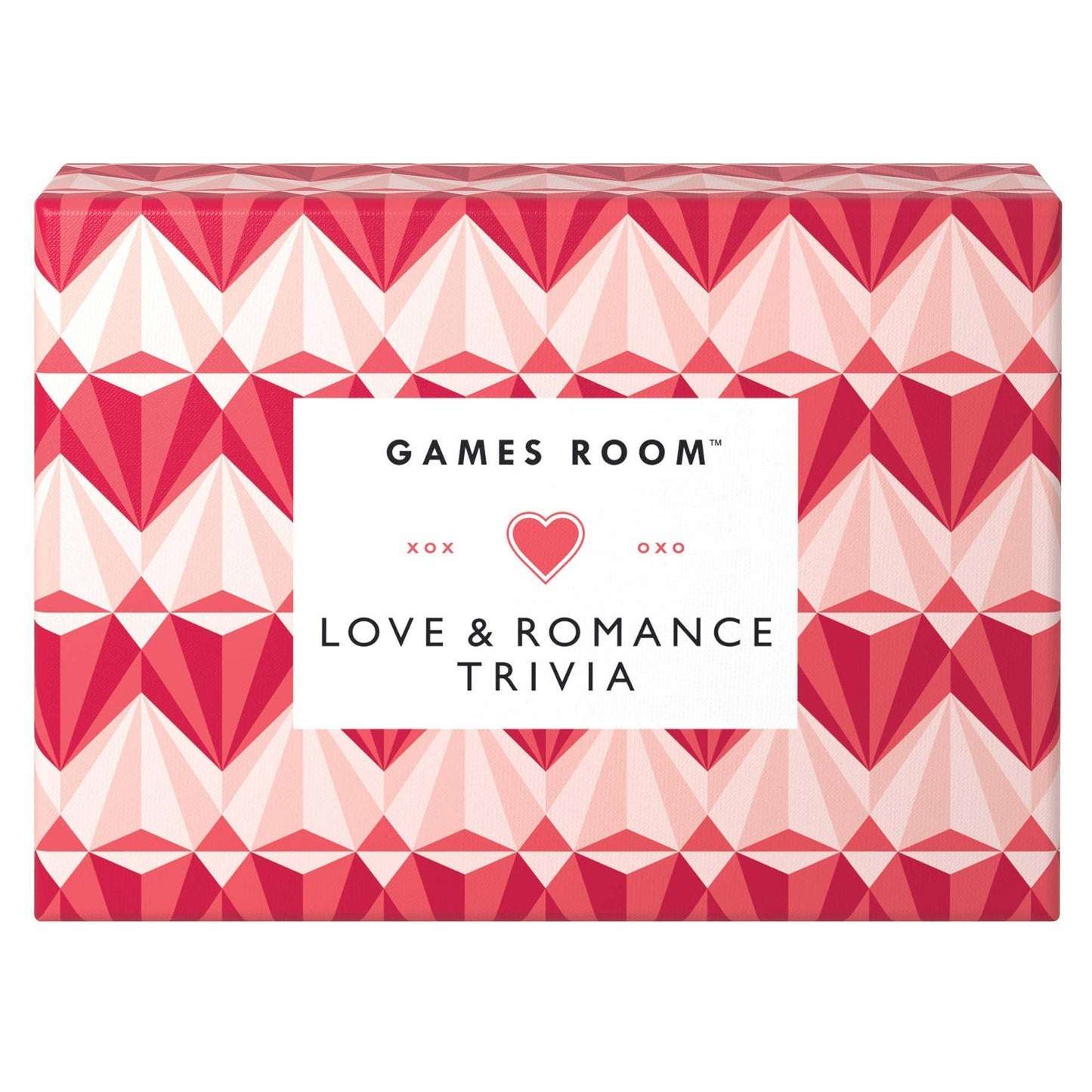 Love & Romance Trivia game box with red and pink geometric heart pattern for romantic trivia questions