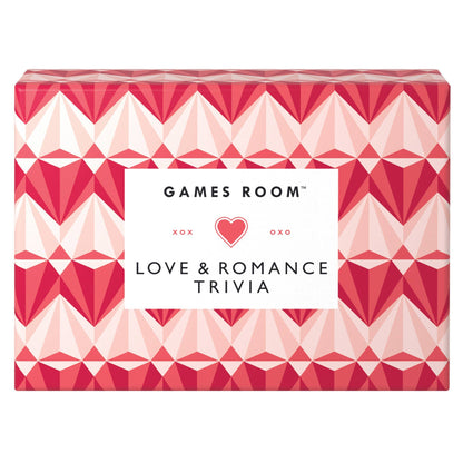 Love & Romance Trivia game box with red and pink geometric heart pattern for romantic trivia questions