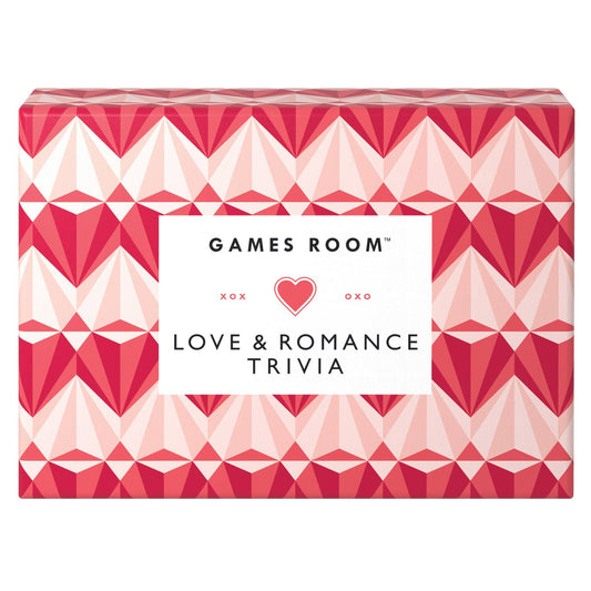 Love & Romance Trivia game box with red and pink geometric heart pattern for romantic trivia questions