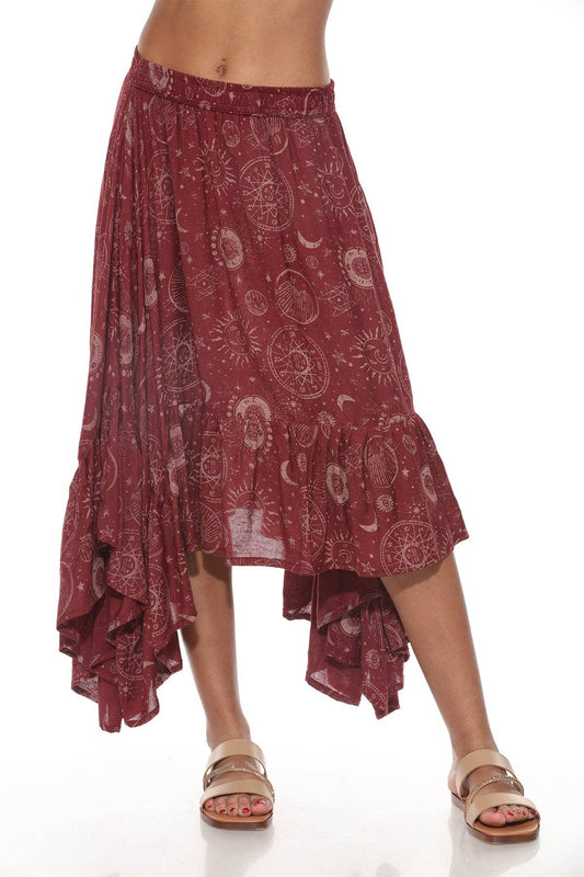 Celestial Ruffle Fairy Skirt in maroon with celestial patterns, ruffled hem, elastic waistband, lightweight viscose fabric, boho style.