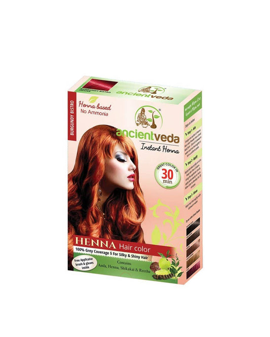 Ancient Veda Burgundy Henna Hair Dye box with red-haired woman and natural henna ingredients illustration