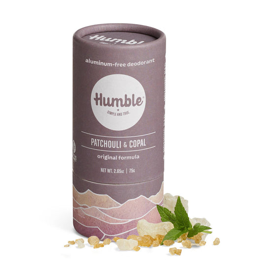 Patchouli & Copal Original plastic-free deodorant by Humble with woody, subtle, sweet scent in recyclable paperboard packaging