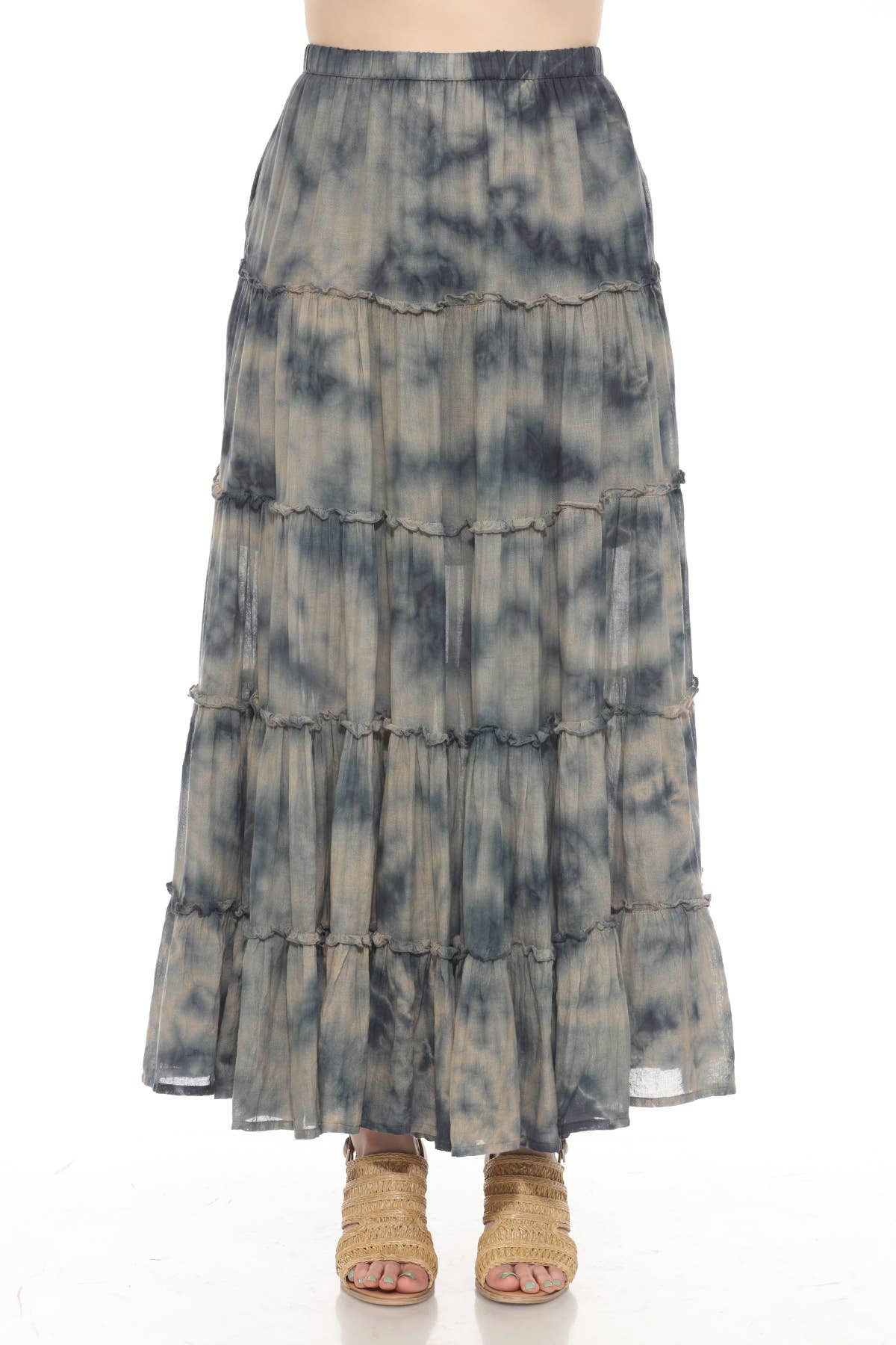 Tiedye gauze skirt in indigo wash with tiered flowing cotton fabric and elastic waistband