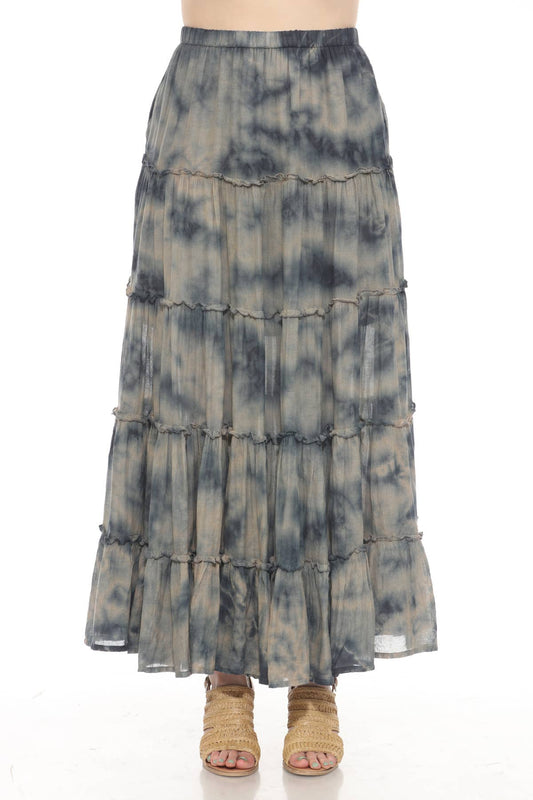 Tiedye gauze skirt in indigo wash with tiered flowing cotton fabric and elastic waistband