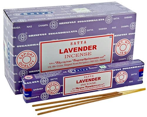 Satya English Lavender Incense Sticks box with hand-rolled Nag Champa incense sticks from India for relaxation and meditation