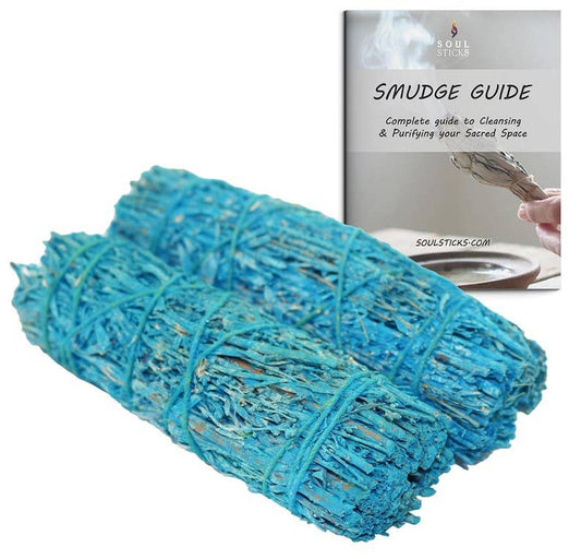 Two 4-inch Nag Champa scented organic blue sage smudge sticks with a smudge guide booklet for cleansing and purifying sacred space